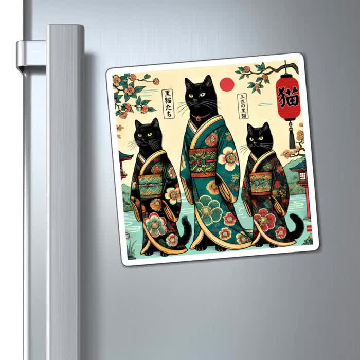 黒猫マグネット：日本の浮世絵風桜デザイン、猫好きのための冷蔵庫